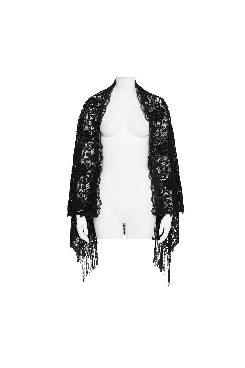 Schwarzes Spitzen-Schultertuch Miss Macabre Lace Shawl im Romantic-Gothic-Stil mit Fransenborte von Eva Lady