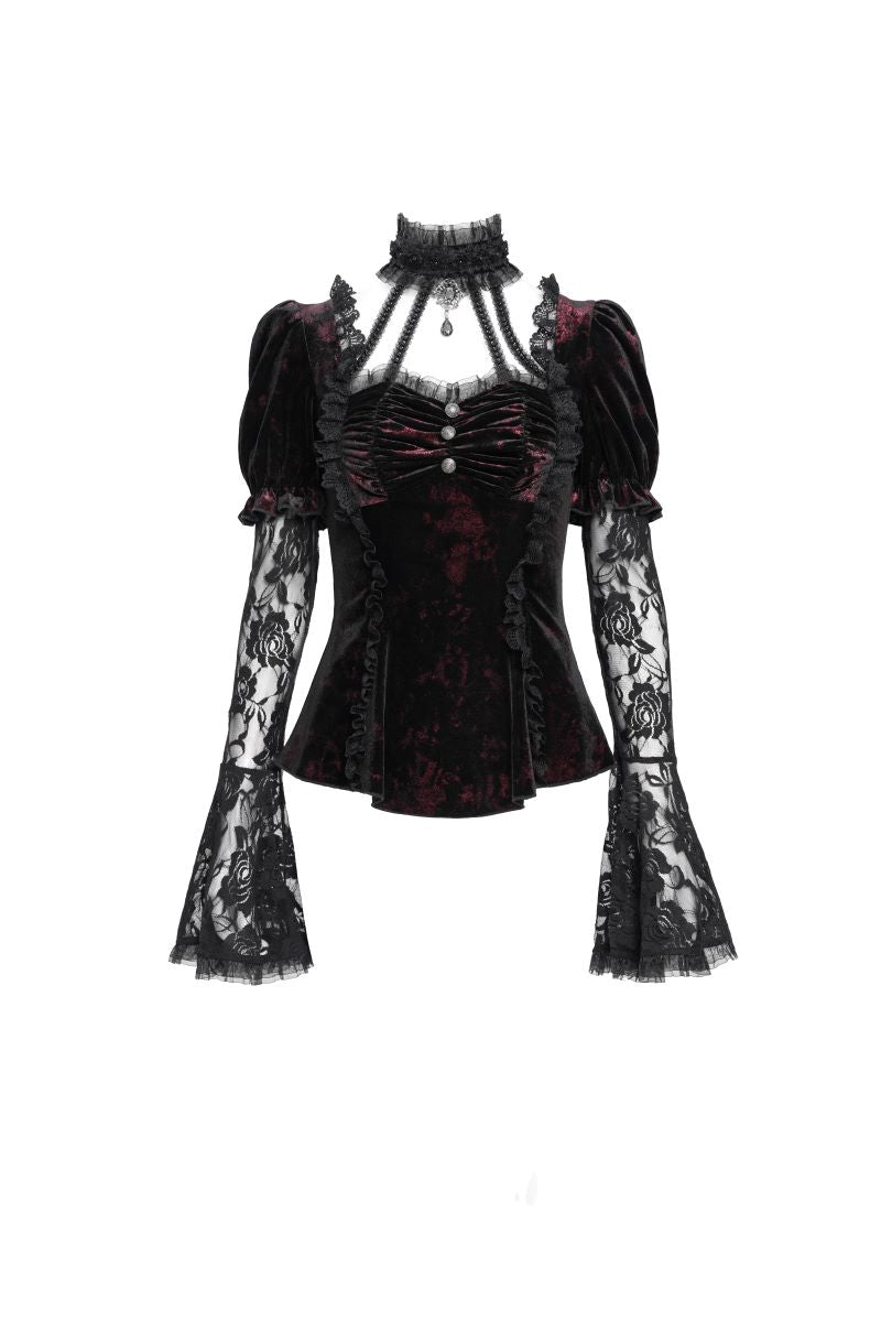 Schwarz-rotes, tailliertes Samttop Velvet Dominion Top Black mit Juliet-Ärmeln aus Spitze von Punk Rave