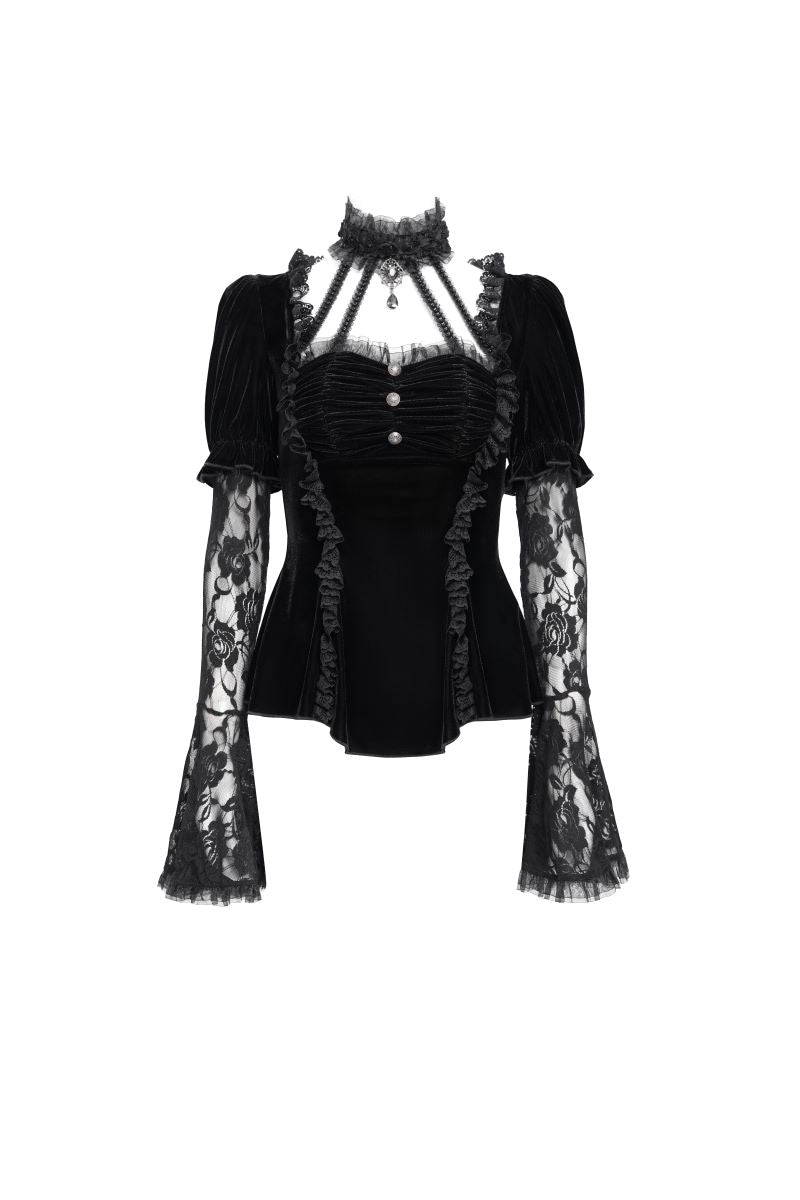 Schwarzes, tailliertes Samttop Velvet Dominion Top Black mit Juliet-Ärmeln aus Spitze von Punk Rave