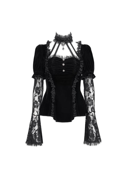 Schwarzes, tailliertes Samttop Velvet Dominion Top Black mit Juliet-Ärmeln aus Spitze von Punk Rave