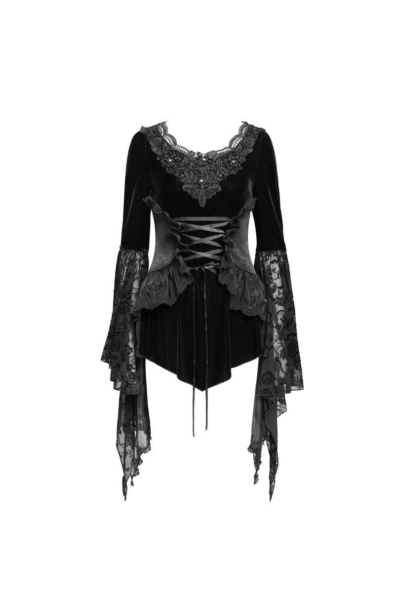 Schwarzes, tailliertes Samttop Lace Maiden Top Black mit dramatisch ausgestellten Ärmeln und Korsett-Details von Punk Rave