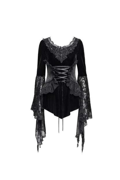 Schwarzes, tailliertes Samttop Lace Maiden Top Black mit dramatisch ausgestellten Ärmeln und Korsett-Details von Punk Rave