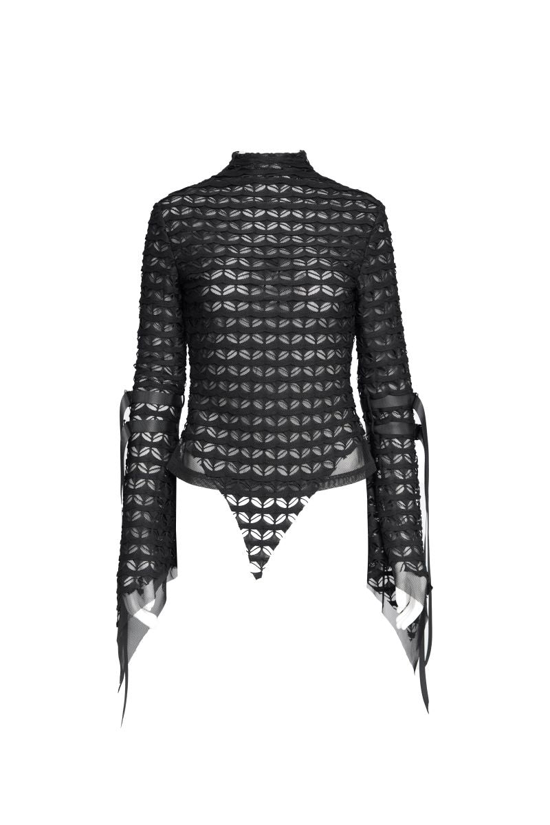 Schwarzes, figurbetontes Cyberpunk-Top Andromeda Top aus strukturiertem, transparentem Strick- und Mesh-Material mit langen, ausgestellten Ärmeln und Riemen mit Schnallen von Devil Fashion