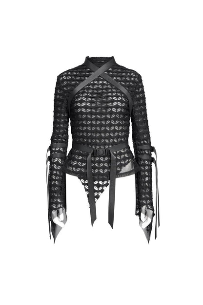 Schwarzes, figurbetontes Cyberpunk-Top Andromeda Top aus strukturiertem, transparentem Strick- und Mesh-Material mit langen, ausgestellten Ärmeln und Riemen mit Schnallen von Devil Fashion