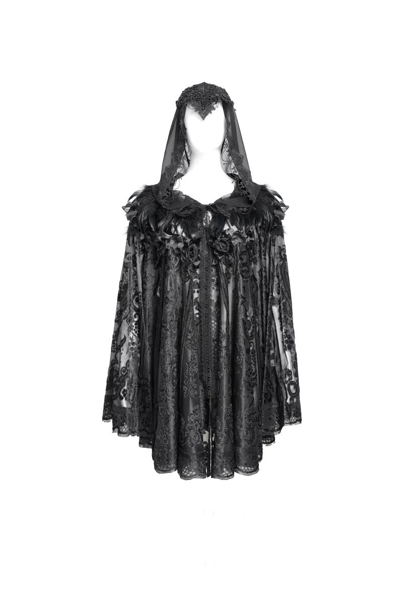 Romantischer Gothic-Kurzcape Lace Maiden Cape aus schwarzem, transparentem Samt mit Kapuze von Eva Lady