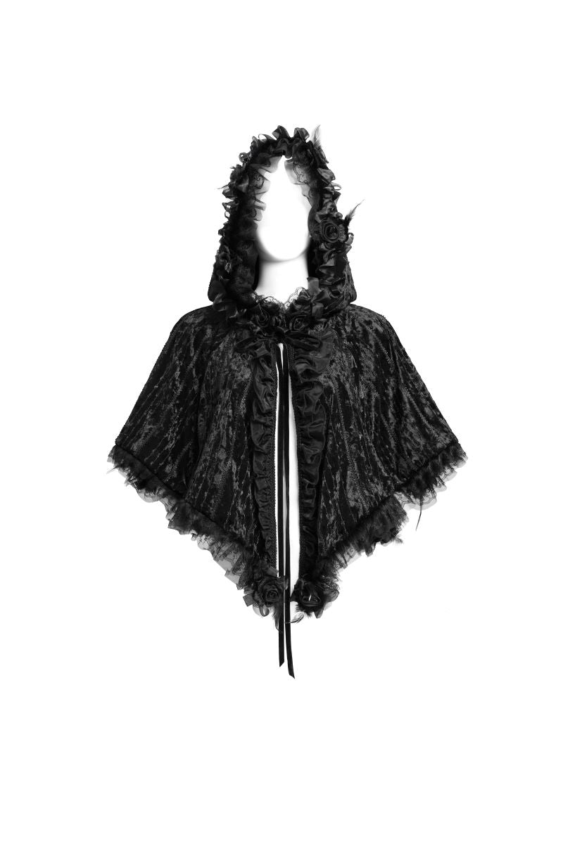 Schwarzes Gothic-Samtcape Dolly Darling Capelet mit Kapuze und Rüschenbesatz von Devil Fashion