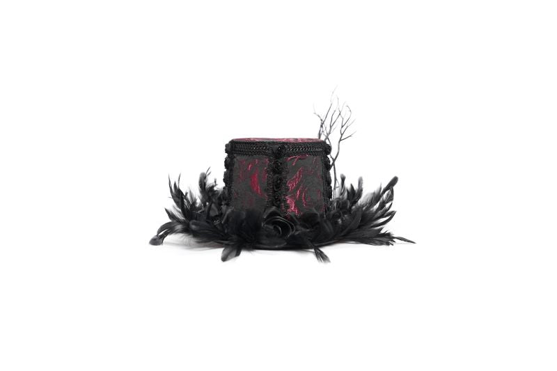 Gotischer Brokathut Mystic Palace Hat mit rotem Rosenmuster, Zweigen und Federn von Eva Lady