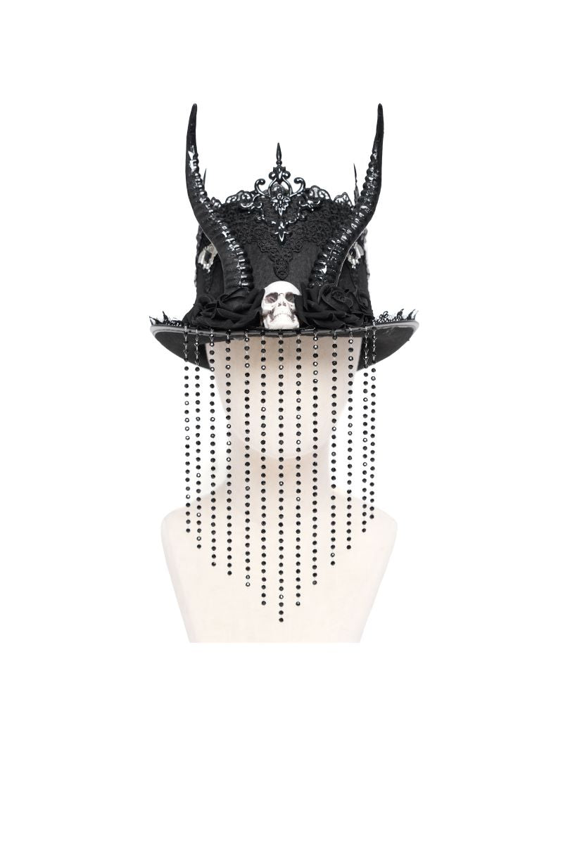 Schwarzer Gothic-Filzhut Demonique Hat mit Hörnern, Perlenketten und filigranen Verzierungen von Eva Lady