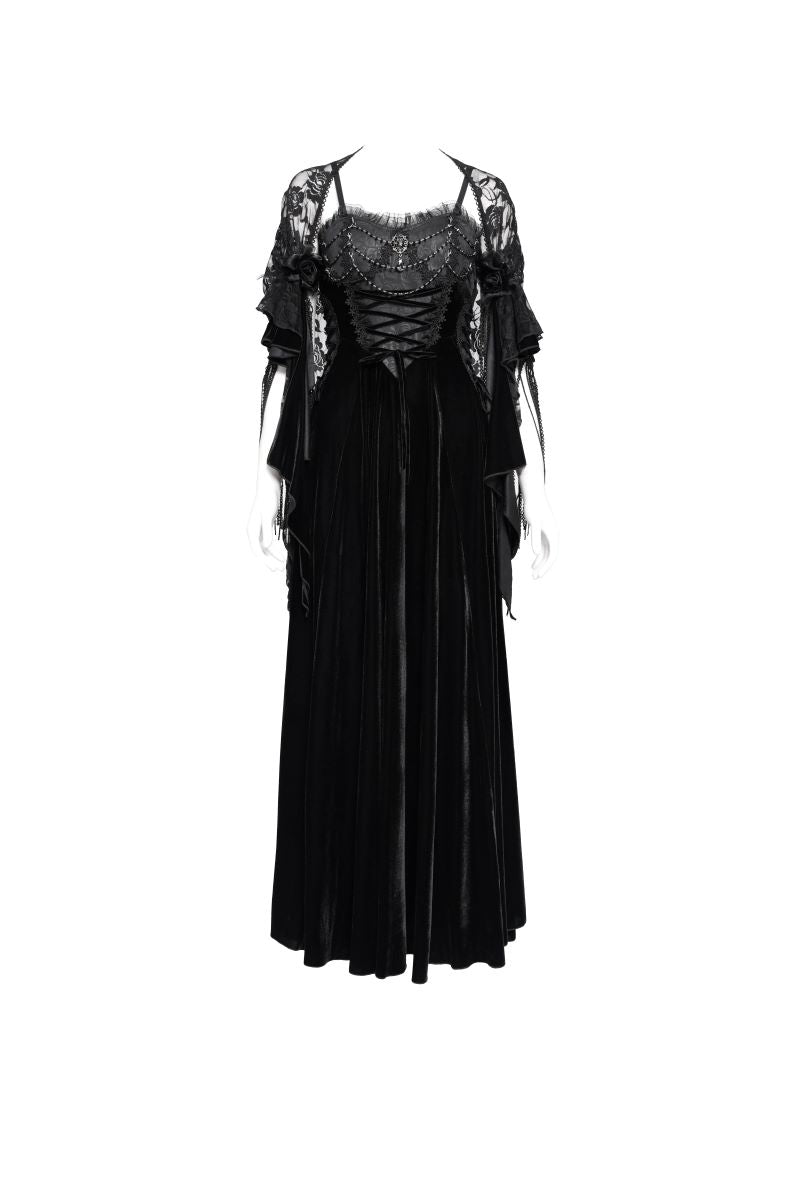 Romantisches, ärmelloses A-Linien-Kleid Gothic Spells Dress aus schwarzem Samt im Gothic-Stil mit Spitzen- und Brokatverzierungen sowie Schnürdetails von Eva Lady
