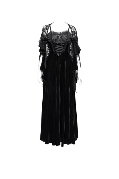 Romantisches, ärmelloses A-Linien-Kleid Gothic Spells Dress aus schwarzem Samt im Gothic-Stil mit Spitzen- und Brokatverzierungen sowie Schnürdetails von Eva Lady
