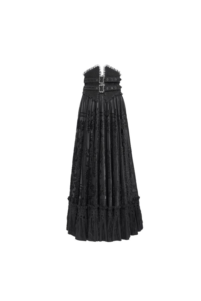 Viktorianisch-gotischer, langer Samtrock Black Moon Bride Skirt Black mit breiter, baskischer Taille von Eva Lady