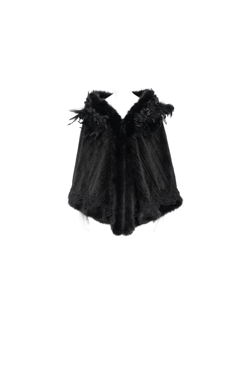 Romantisches Gothic-Capelet Black Roses Palace Pelerine mit Kunstpelzbesatz, 3D-Blumen, Federn und Spitzenstickerei von Devil Fashion