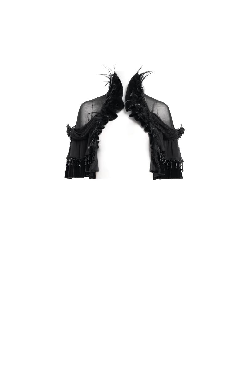 Romantisches Gothic-Capelet Gothic Muse Capelet aus schwarzem Chiffon mit Rüschen, Perlenstickerei und Federn von Eva Lady