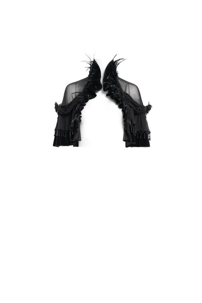 Romantisches Gothic-Capelet Gothic Muse Capelet aus schwarzem Chiffon mit Rüschen, Perlenstickerei und Federn von Eva Lady