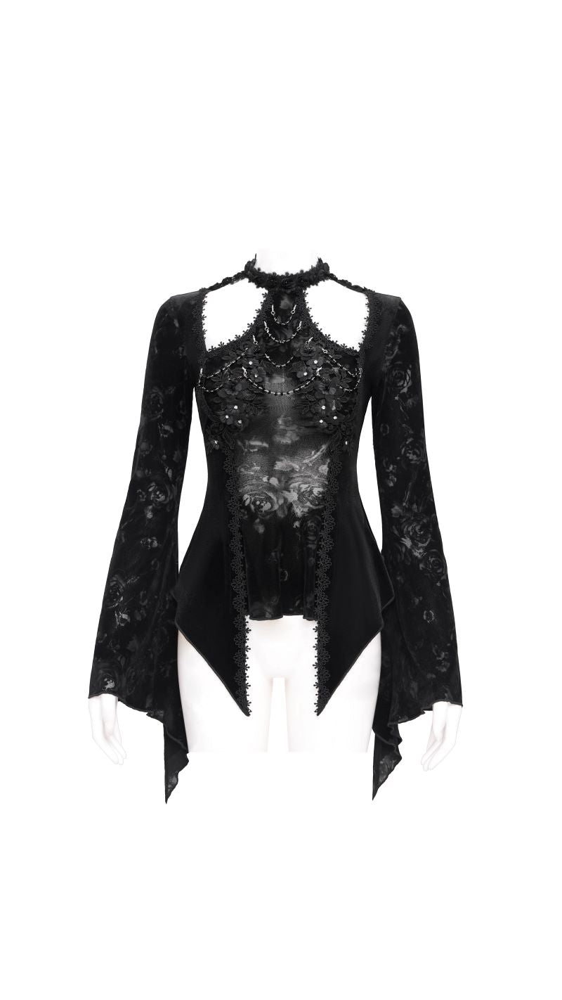 Schwarzes Oberteil Gothic Reverie Black Velvet Top mit Kettendetails und floralem Muster von Eva Lady