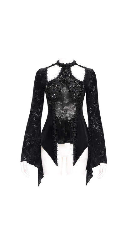 Schwarzes Oberteil Gothic Reverie Black Velvet Top mit Kettendetails und floralem Muster von Eva Lady