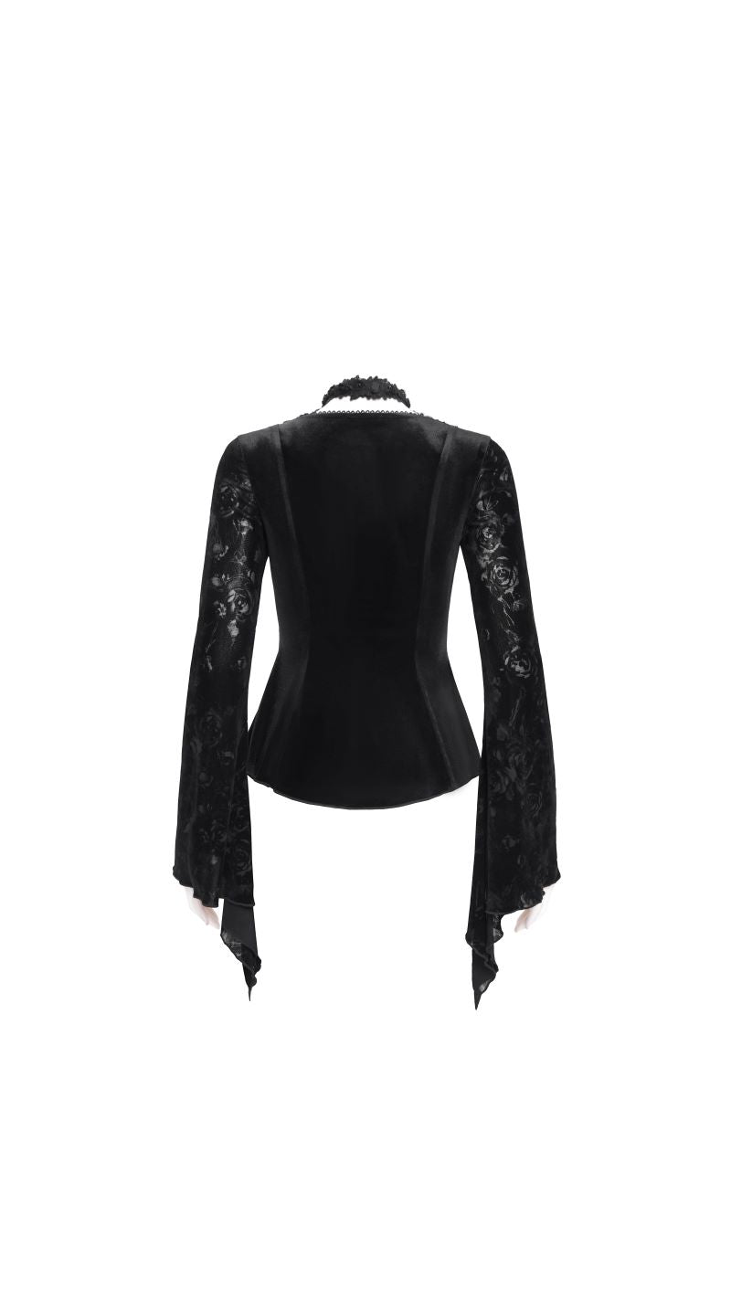 Schwarzes Oberteil Gothic Reverie Black Velvet Top mit Kettendetails und floralem Muster von Eva Lady