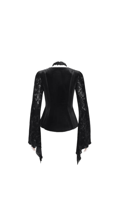 Schwarzes Oberteil Gothic Reverie Black Velvet Top mit Kettendetails und floralem Muster von Eva Lady