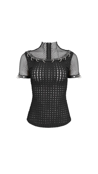 Schwarzes Netzshirt DECADANCER MESH T-SHIRT mit Ringen, Ösen und Kunstlederdetails von Devil Fashion