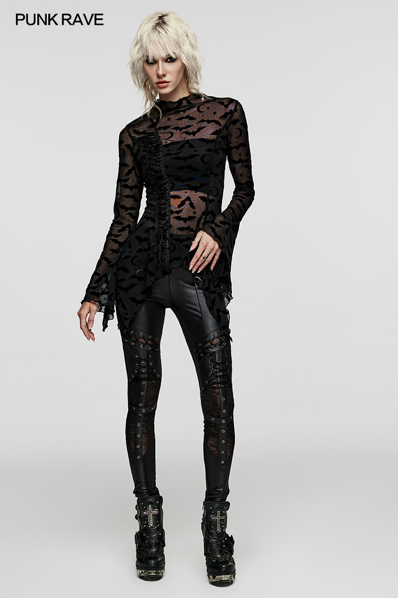 Schwarzes, transparentes Langarmshirt DARKLING BATS TOP mit Fledermausprint von Punk Rave