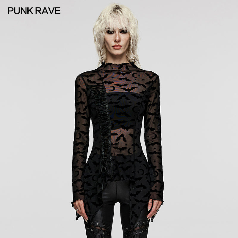 Schwarzes, transparentes Langarmshirt DARKLING BATS TOP mit Fledermausprint von Punk Rave