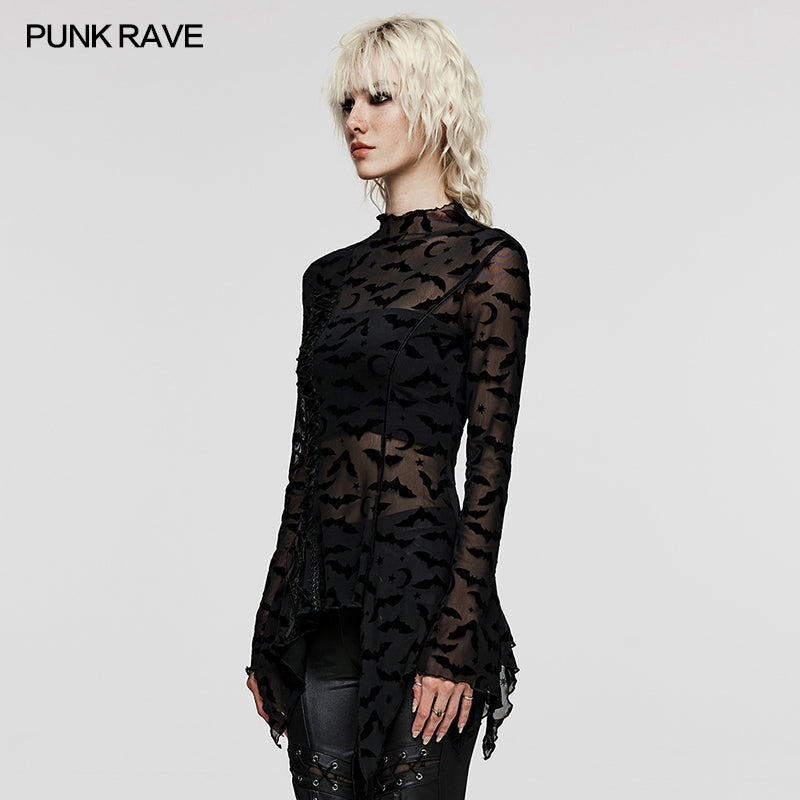 Schwarzes, transparentes Langarmshirt DARKLING BATS TOP mit Fledermausprint von Punk Rave