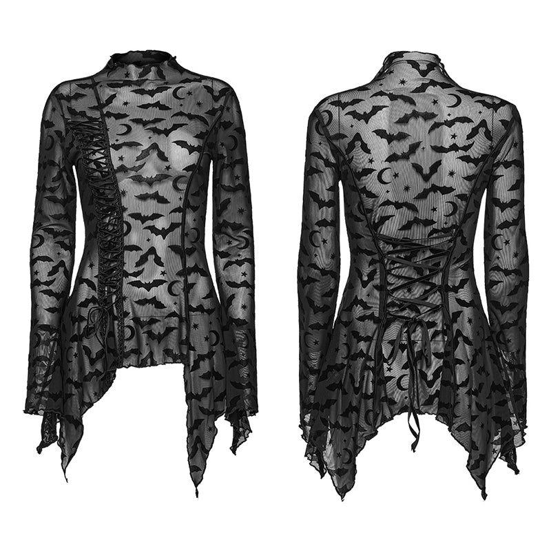 Schwarzes, transparentes Langarmshirt DARKLING BATS TOP mit Fledermausprint von Punk Rave