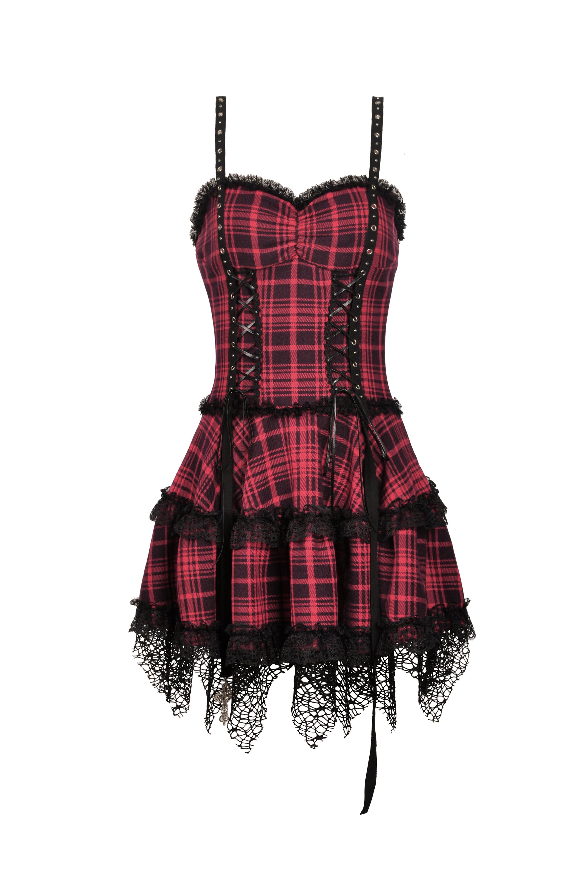 Rot-schwarz-kariertes Kleid GRUNGE PRINCESS DRESS mit Spitzendetails und Zierschnürungen von Dark In Love