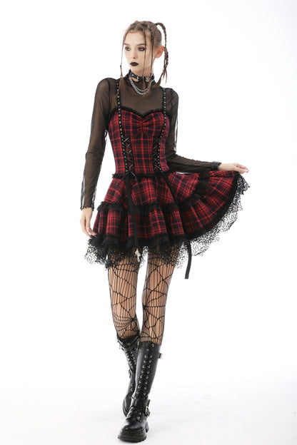 Rot-schwarz-kariertes Kleid GRUNGE PRINCESS DRESS mit Spitzendetails und Zierschnürungen von Dark In Love