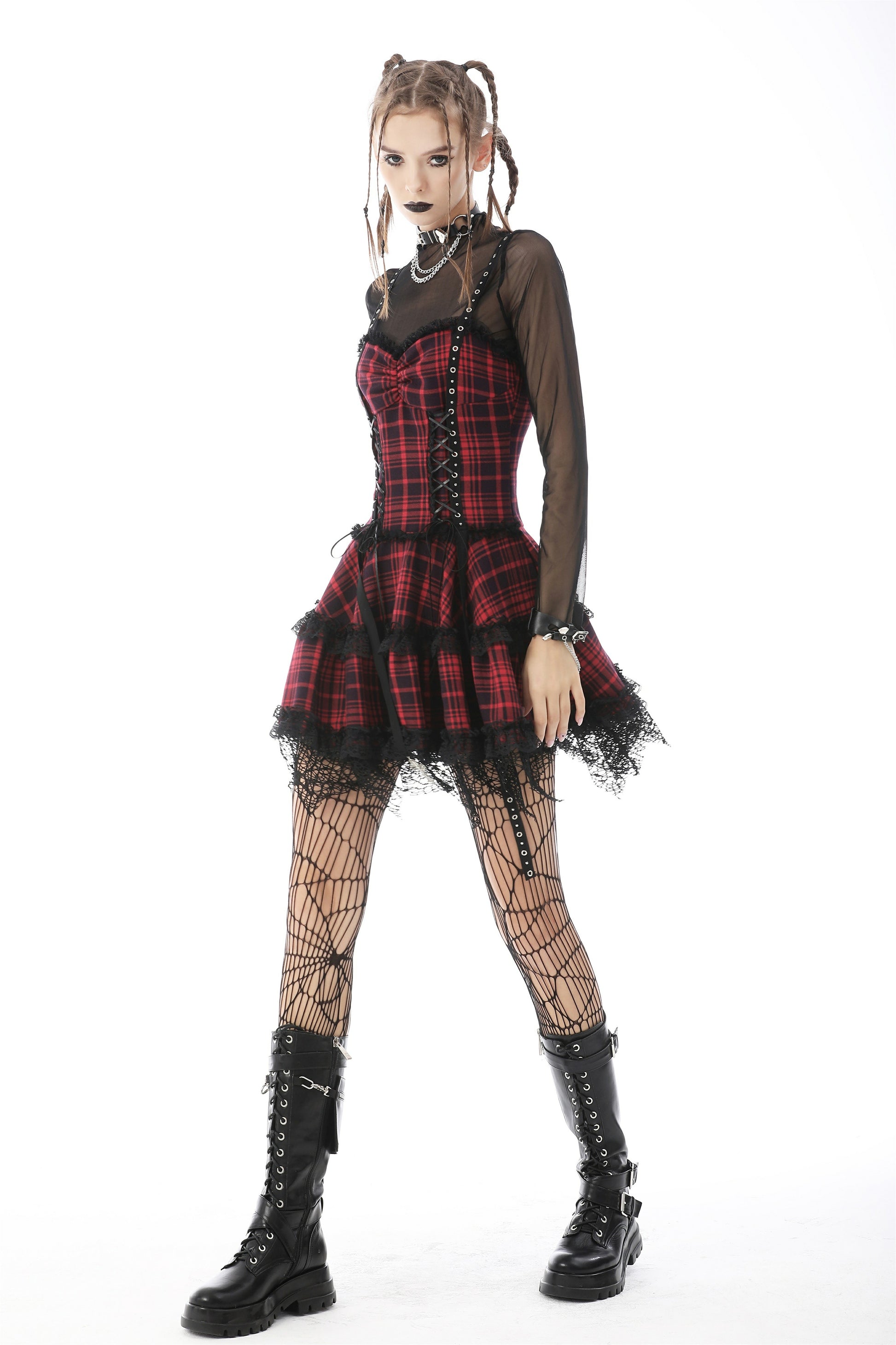 Rot-schwarz-kariertes Kleid GRUNGE PRINCESS DRESS mit Spitzendetails und Zierschnürungen von Dark In Love