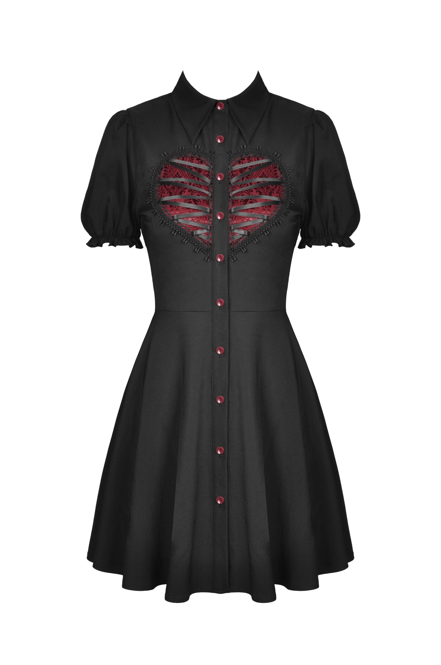 Schwarzes Kleid HEART KEEPER DRESS mit herzförmigem Zierausschnitt und roten Details von Dark In Love