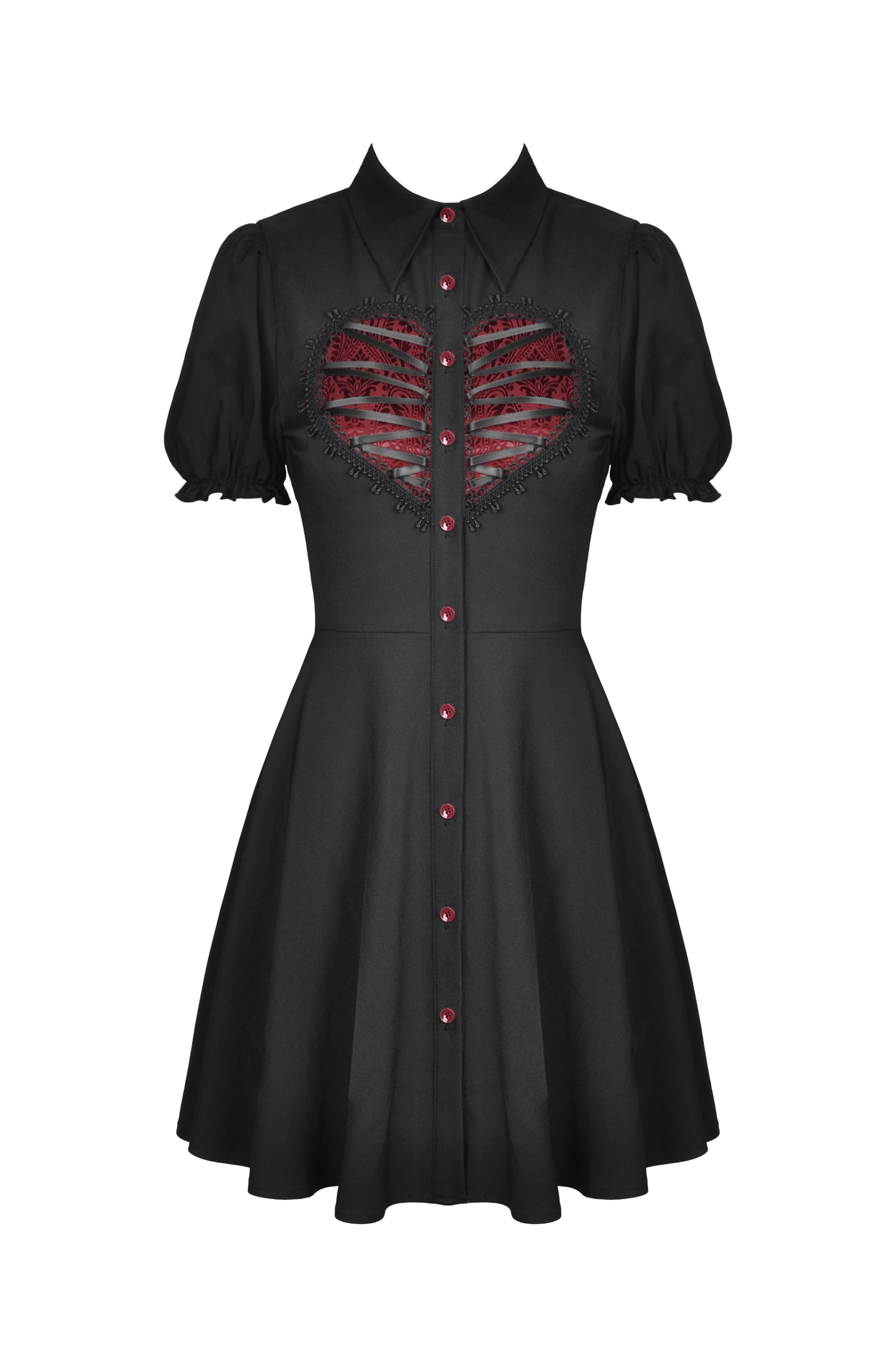 Schwarzes Kleid HEART KEEPER DRESS mit herzförmigem Zierausschnitt und roten Details von Dark In Love