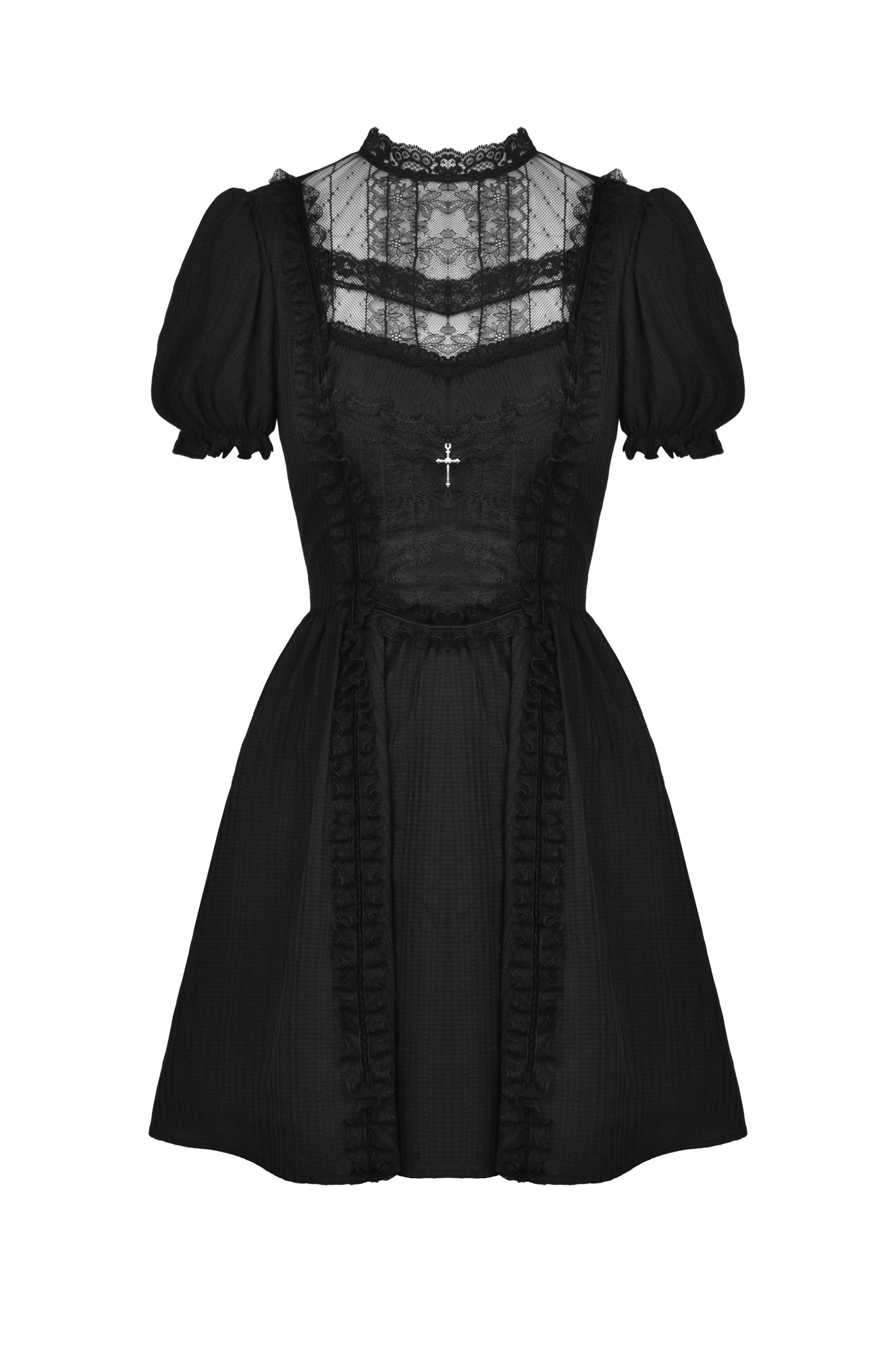 Schwarzes, kurzes Kleid OH SO MODEST DOLLY DRESS mit hübschen Spitzendetails und kleinem Kreuzanhänger von Dark In Love