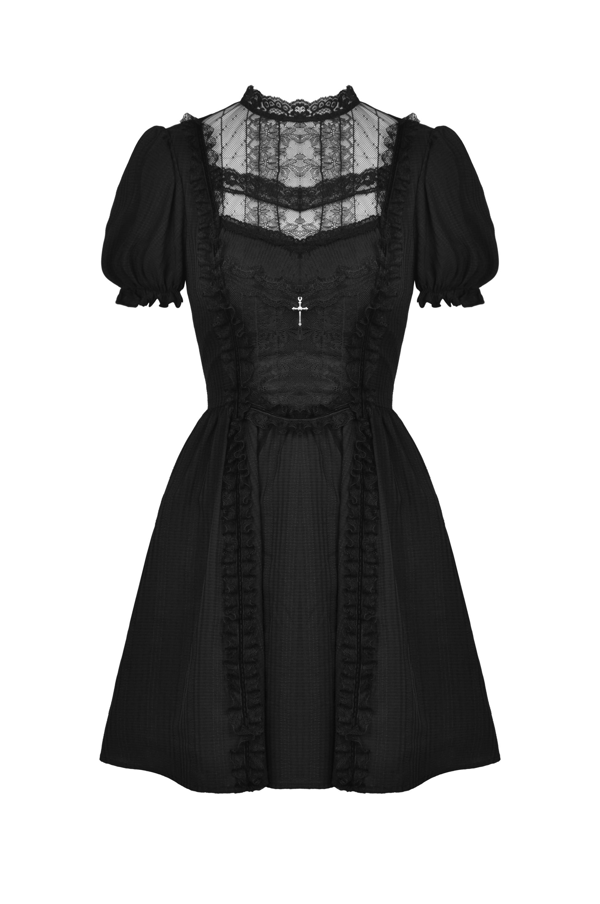 Schwarzes, kurzes Kleid OH SO MODEST DOLLY DRESS mit hübschen Spitzendetails und kleinem Kreuzanhänger von Dark In Love