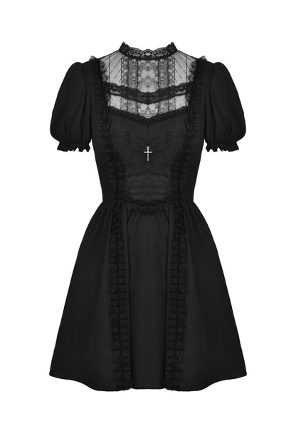 Schwarzes, kurzes Kleid OH SO MODEST DOLLY DRESS mit hübschen Spitzendetails und kleinem Kreuzanhänger von Dark In Love