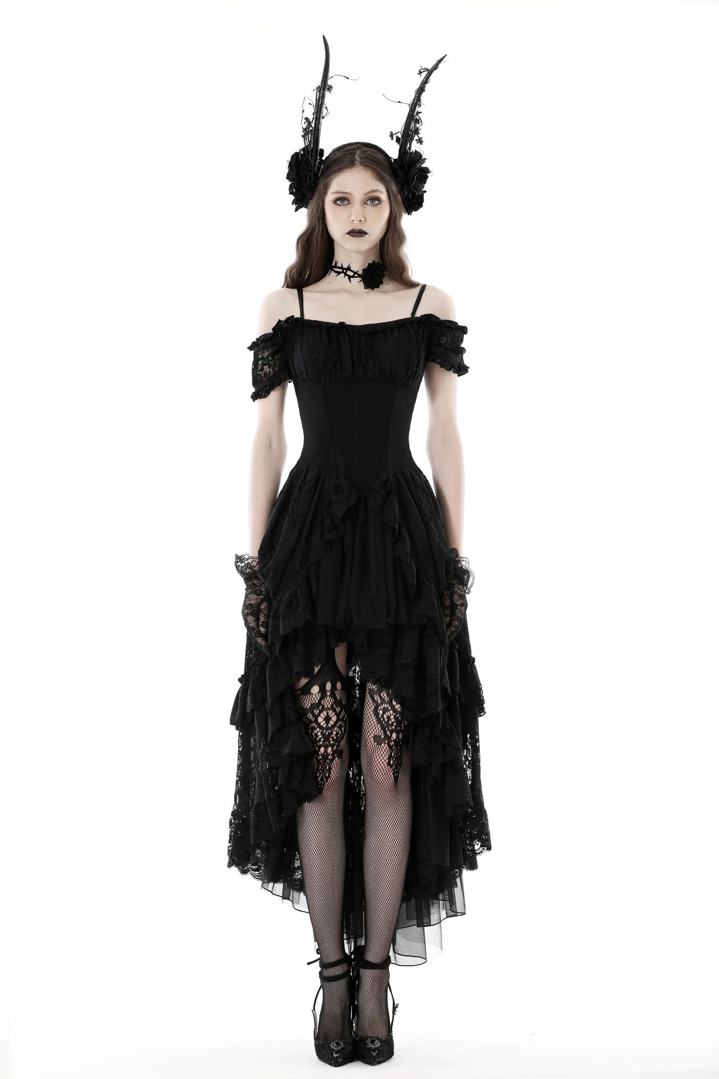 Figurbetontes, schulterfreies Kleid DIADEMA DRESS mit Spitzenakzenten und Schnürung am Rücken von Dark In Love