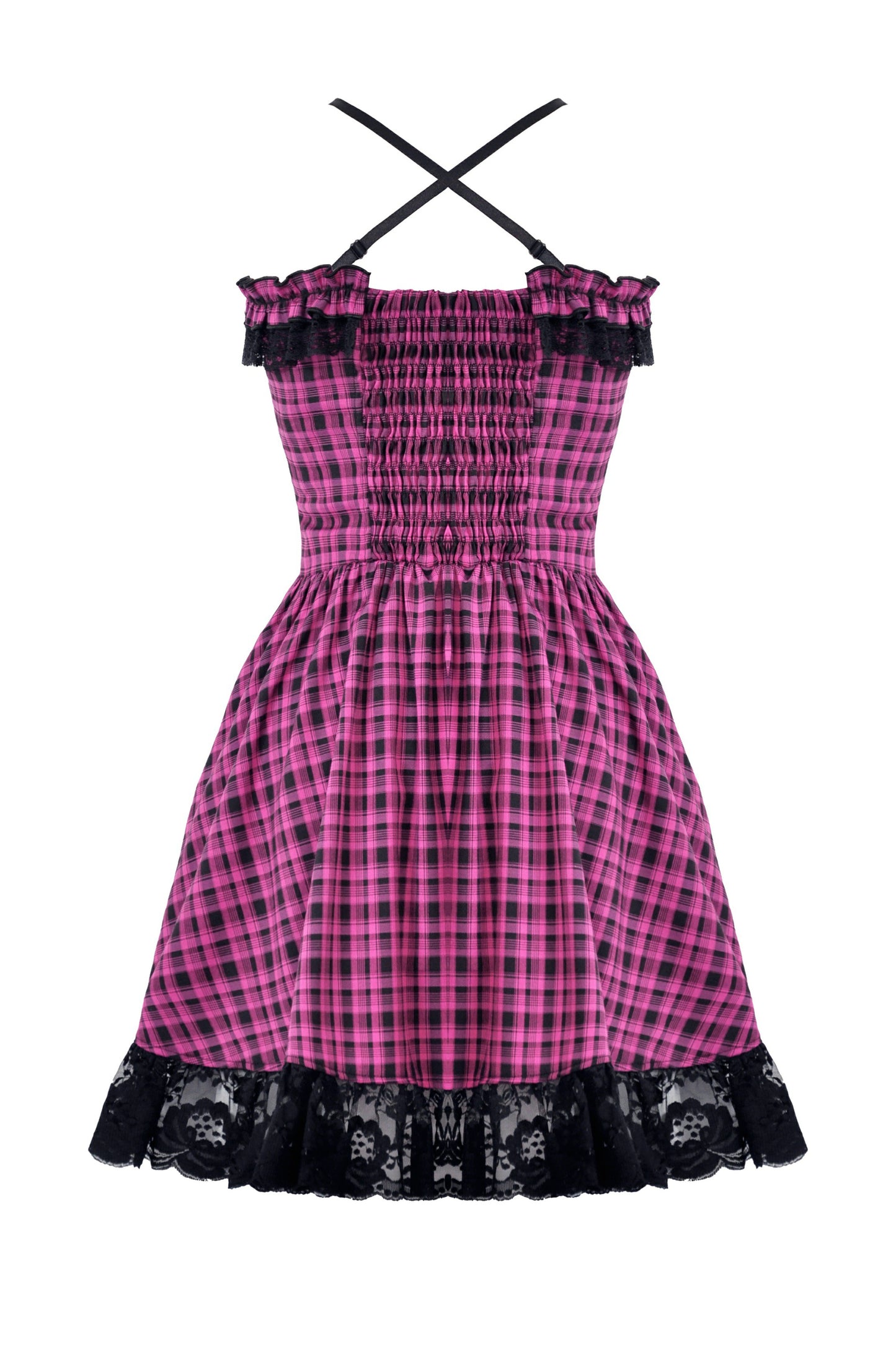 Rückseite rosa-schwarz-kariertes Kleid PINK ANARCHY DRESS mit Spitzendetails und Zierschnürung von Dark In Love