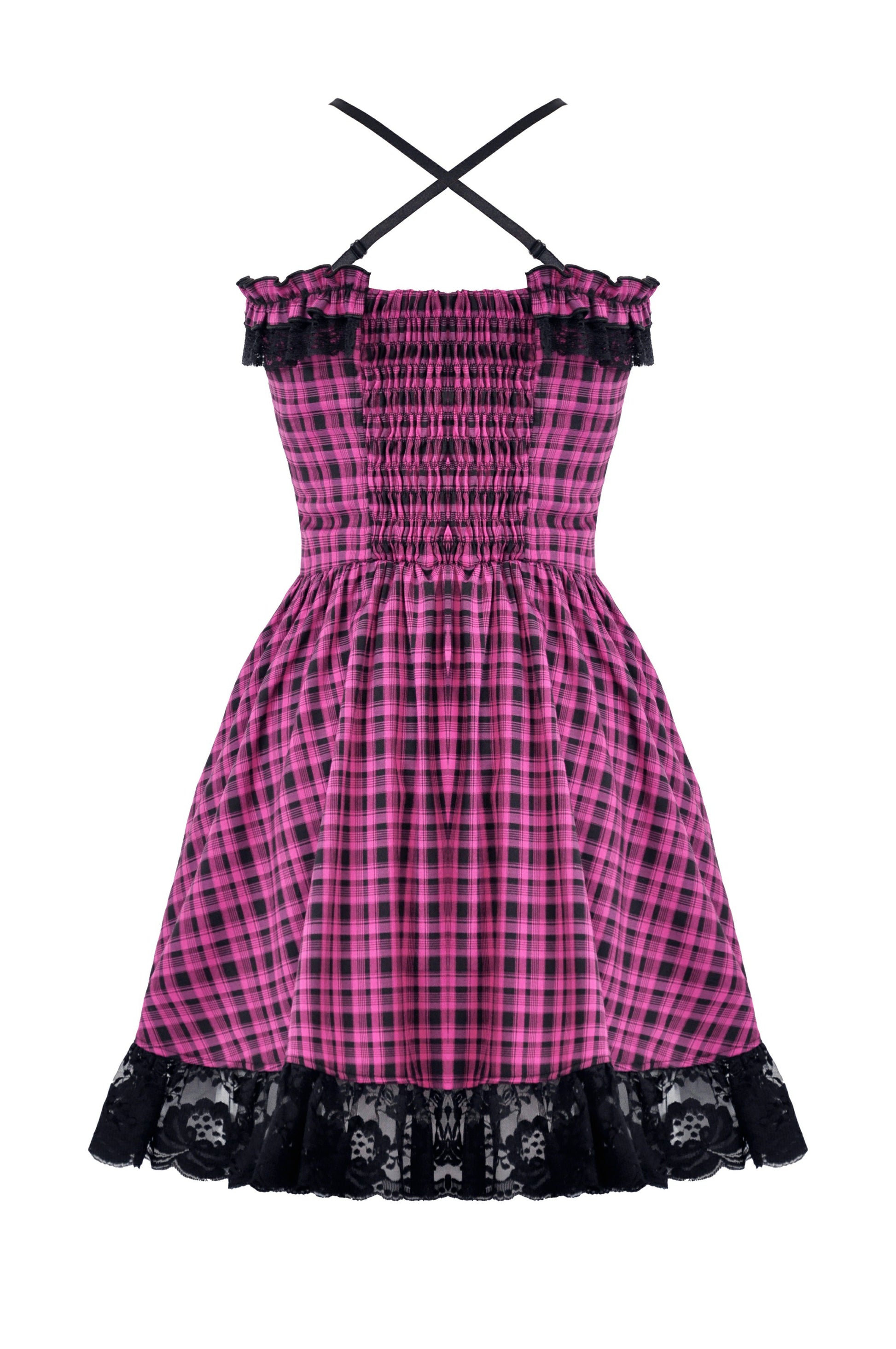 Rückseite rosa-schwarz-kariertes Kleid PINK ANARCHY DRESS mit Spitzendetails und Zierschnürung von Dark In Love