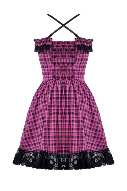 Rückseite rosa-schwarz-kariertes Kleid PINK ANARCHY DRESS mit Spitzendetails und Zierschnürung von Dark In Love