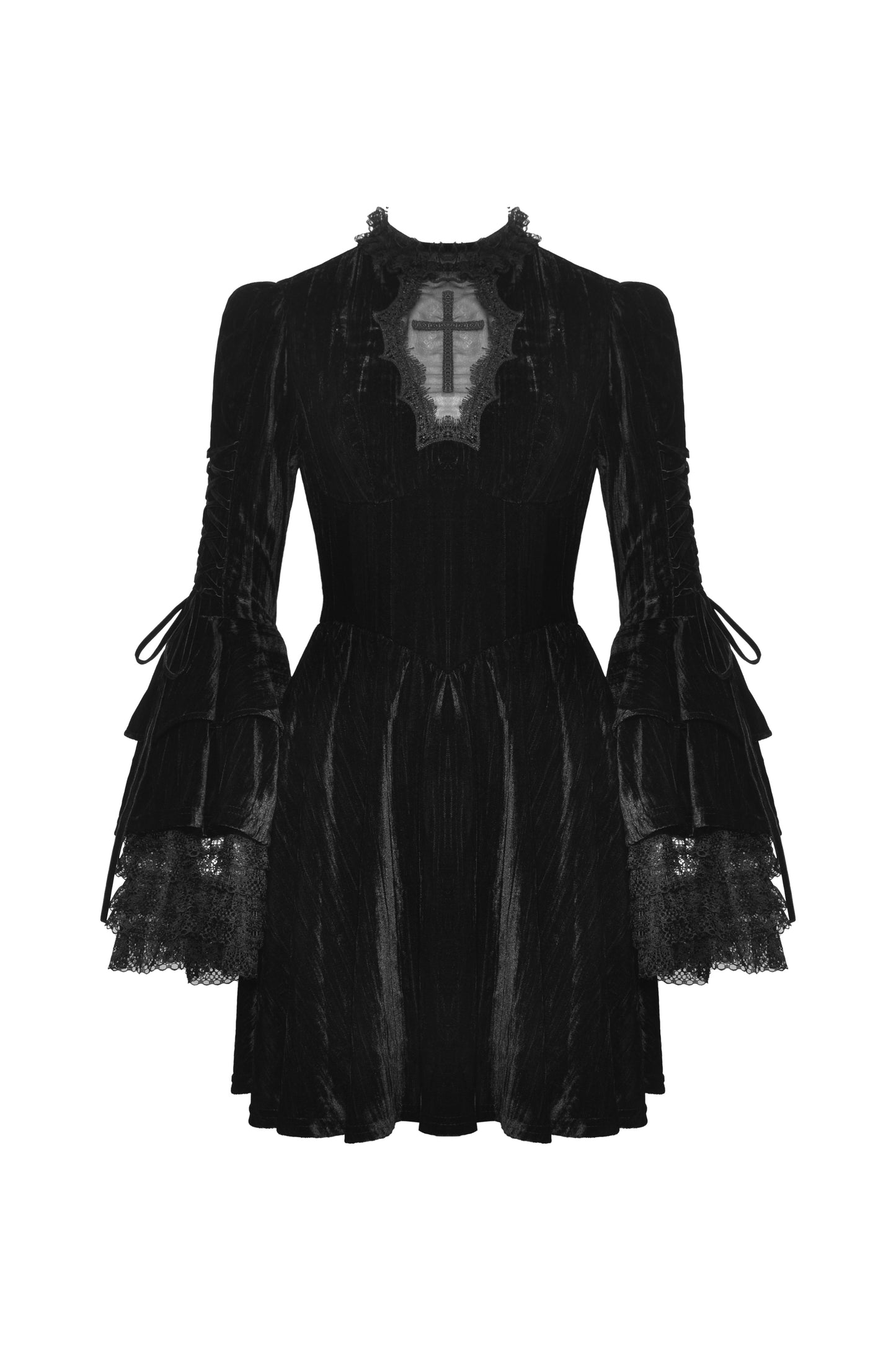 Schwarzes, kurzes Samtkleid COFFIN COVEN DRESS mit langen, weiten Ärmeln, Spitzendetails und Netzeinsatz mit Kreuz von Dark In Love