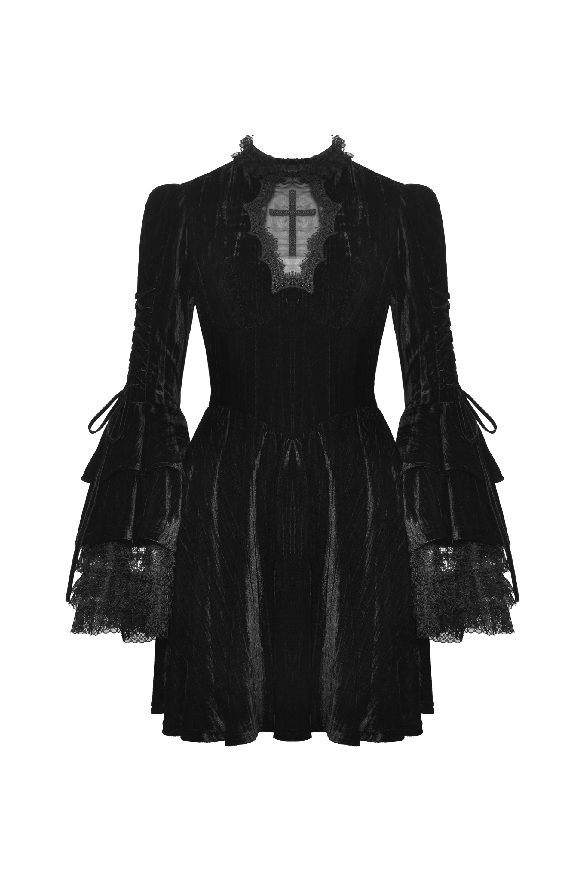 Schwarzes, kurzes Samtkleid COFFIN COVEN DRESS mit langen, weiten Ärmeln, Spitzendetails und Netzeinsatz mit Kreuz von Dark In Love