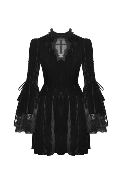 Schwarzes, kurzes Samtkleid COFFIN COVEN DRESS mit langen, weiten Ärmeln, Spitzendetails und Netzeinsatz mit Kreuz von Dark In Love