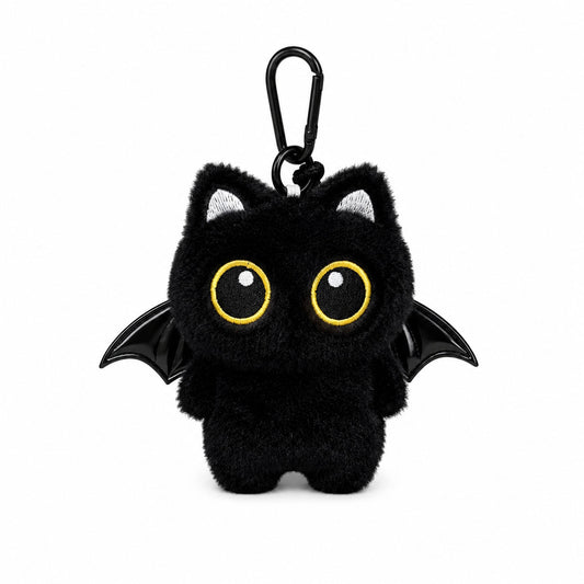 Schwarzer Schlüsselanhänger Demon Kitty Keychain in Katzenform mit Fledermausflügeln von Moon Attic