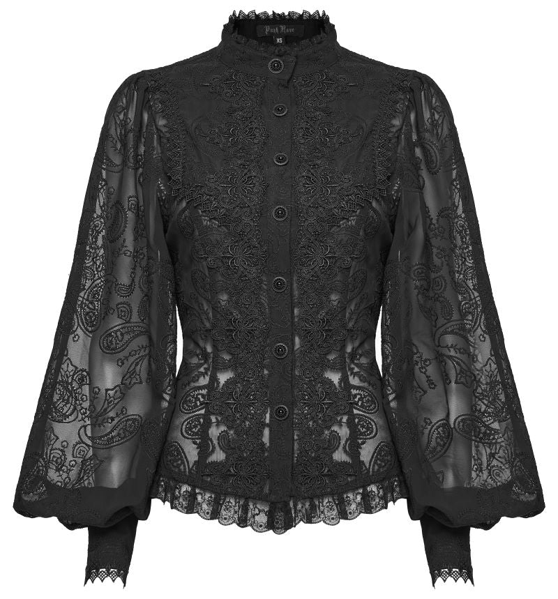 Schwarze Bluse Diadema Black Shirt mit Spitzenelementen von Punk Rave