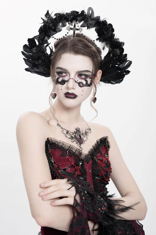 Schwarzer Gothic-Fantasy-Haarreif Black Swan Halo Headband im Heiligenschein-Stil mit schwarzen Federn und Kreuz von Eva Lady