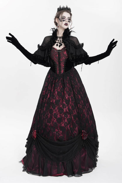 Romantisches Gothic-Capelet Gothic Muse Capelet aus schwarzem Chiffon mit Rüschen, Perlenstickerei und Federn von Eva Lady