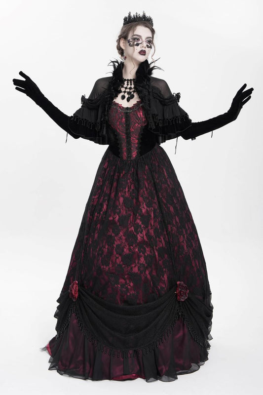 Romantisches Gothic-Capelet Gothic Muse Capelet aus schwarzem Chiffon mit Rüschen, Perlenstickerei und Federn von Eva Lady