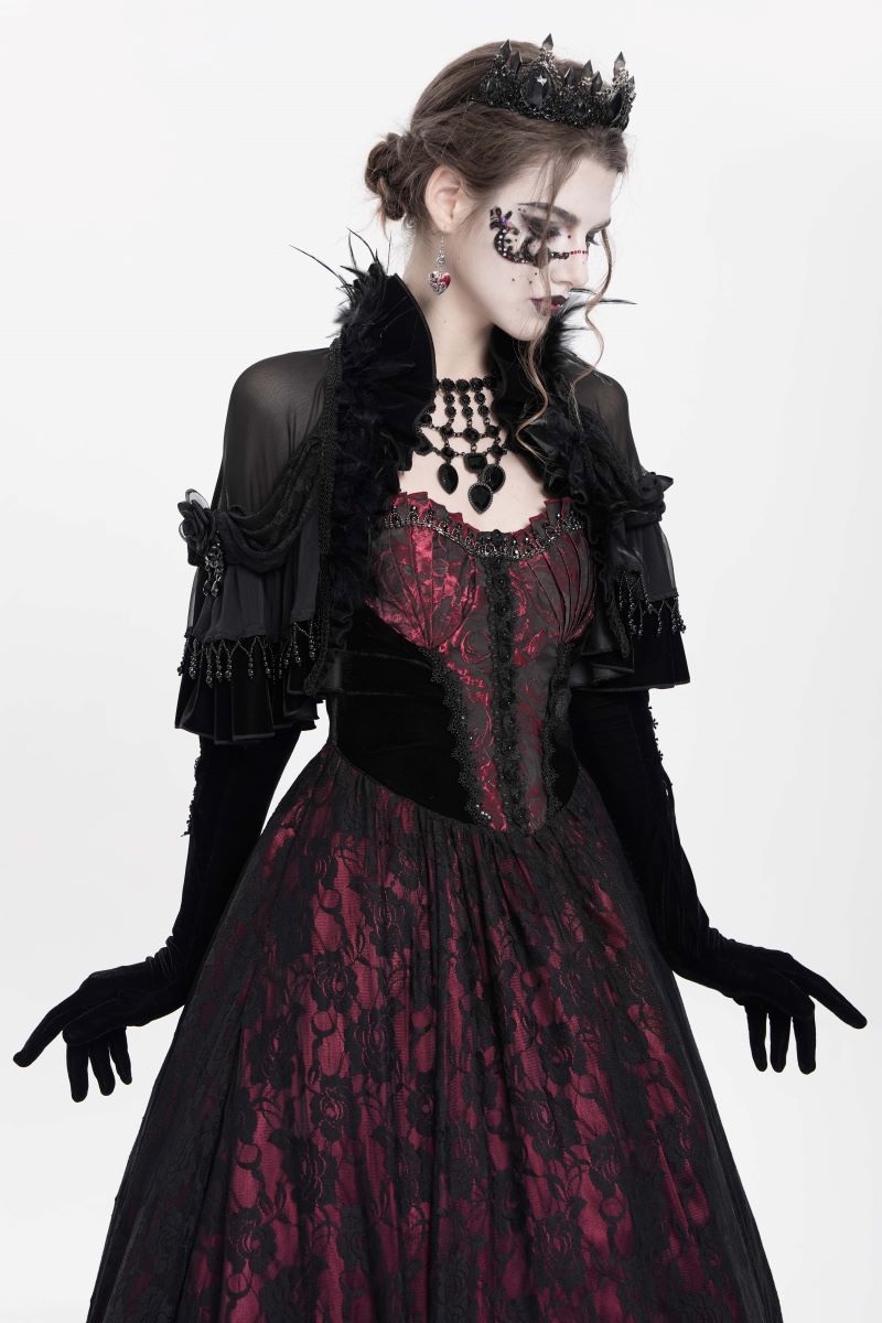 Romantisches Gothic-Capelet Gothic Muse Capelet aus schwarzem Chiffon mit Rüschen, Perlenstickerei und Federn von Eva Lady