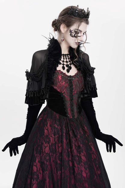 Romantisches Gothic-Capelet Gothic Muse Capelet aus schwarzem Chiffon mit Rüschen, Perlenstickerei und Federn von Eva Lady