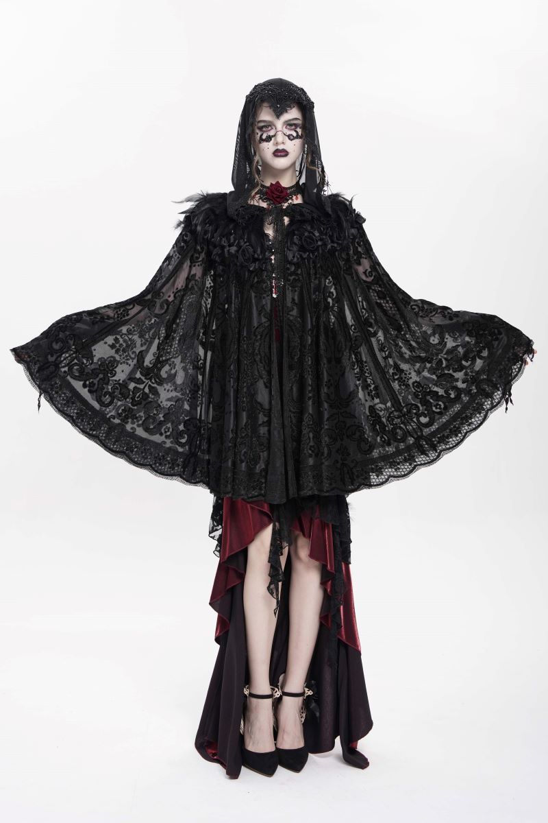Romantischer Gothic-Kurzcape Lace Maiden Cape aus schwarzem, transparentem Samt mit Kapuze von Eva Lady
